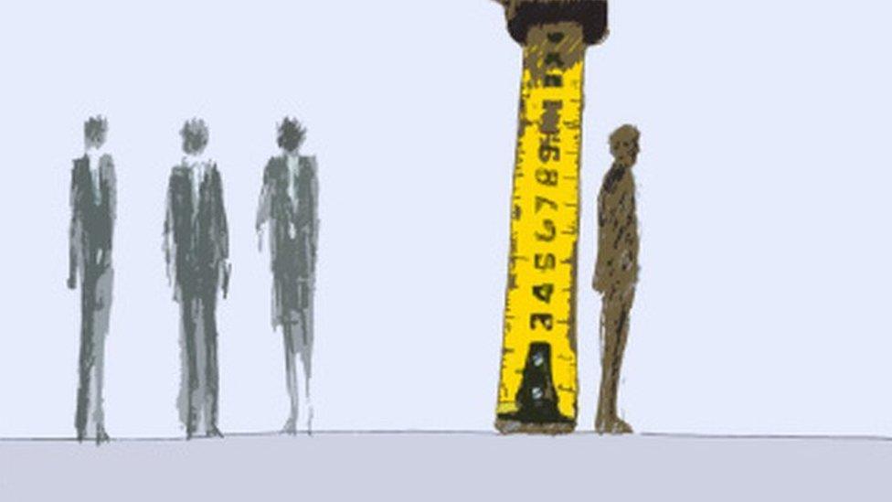 A person standing next to a tape measure