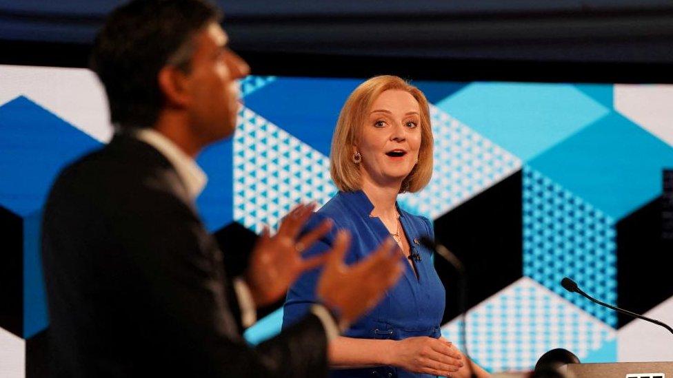 Candidates Rishi Sunak and Liz Truss take part in the BBC Conservative party leadership debate at Victoria Hall in Hanley