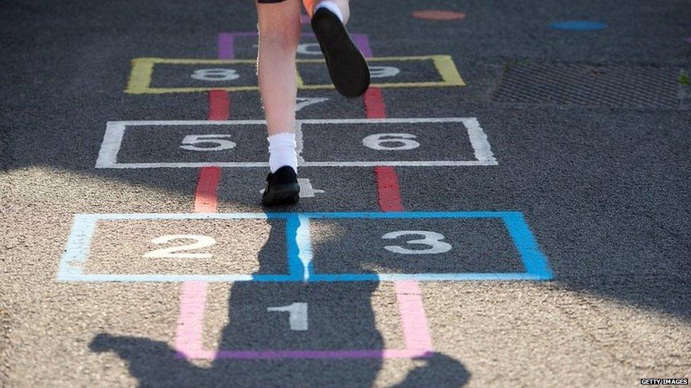 School girl playing hopscotch