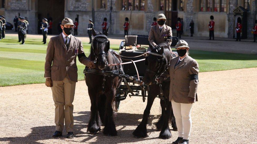 Fell ponies Balmoral Nevis and Notlaw Storm and the Duke of Edinburgh's driving carriage and grooms