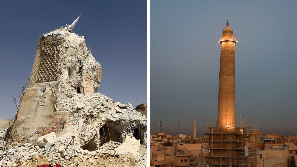 An image of the destroyed al-Hadba minaret sits side by side with another image of the newly-restored minaret rising into the sky