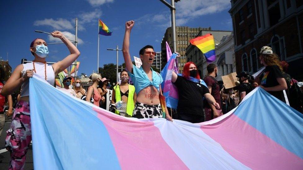 An activist march held outside with people carrying a huge flag for transgender rights