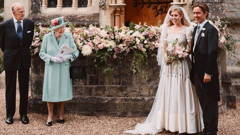 (Left to right) The Duke of Edinburgh, the Queen, Princess Beatrice and Edoardo Mapelli Mozzi outside the Royal Chapel of All Saints