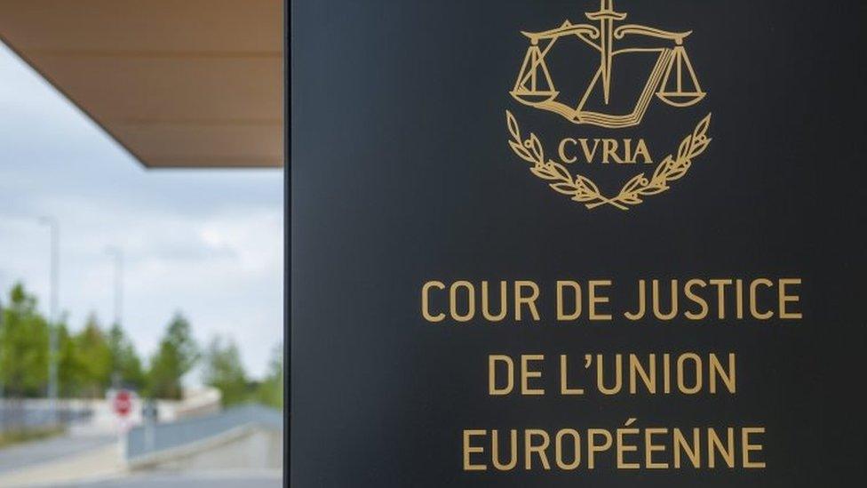 European Court of Justice sign at entrance to building in Luxembourg