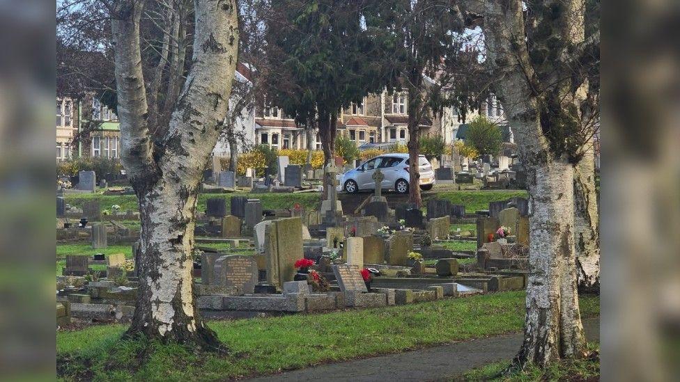 A graveyard dotted with silver birch trees. A car is visible in the background, having been squeezed on to one of the footpaths. 