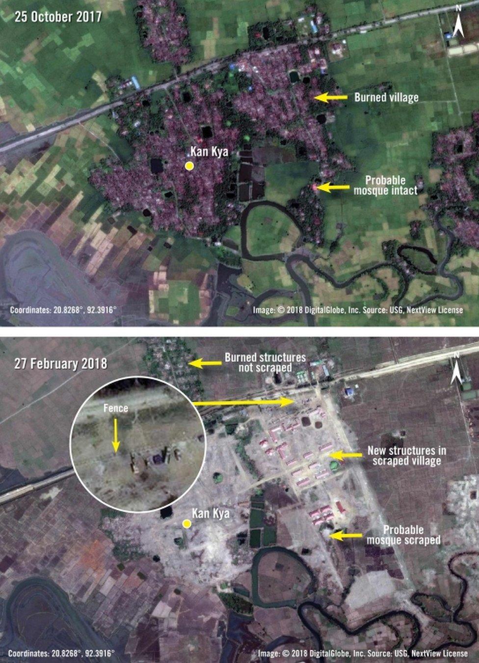 Satellite images released by Amnesty purporting to show demolition and development in Kan Kya, Rakhine, Myanmar