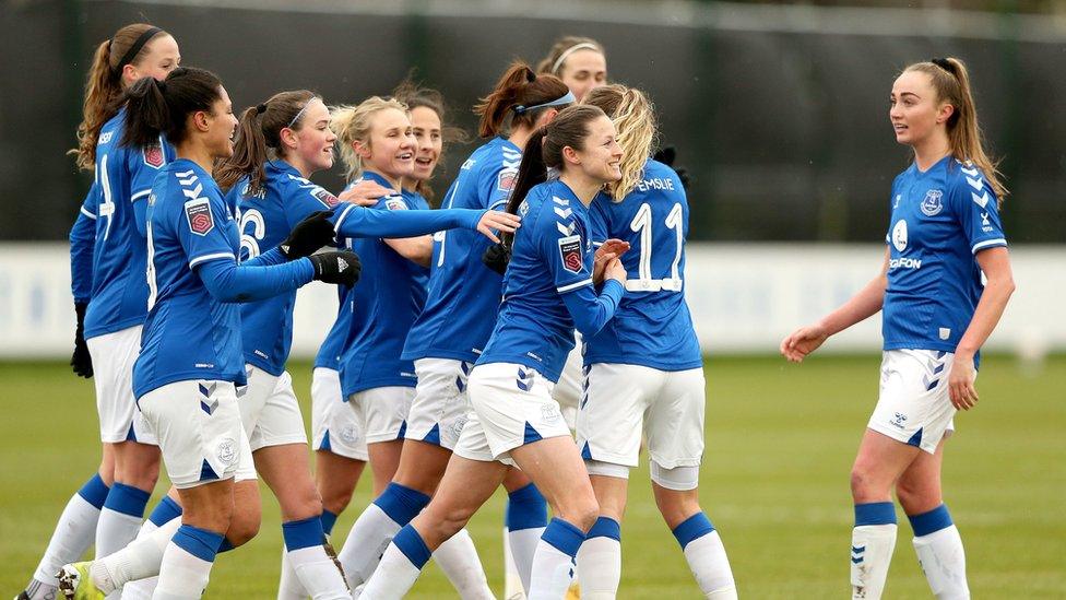 Everton Women's players celebrate a goal