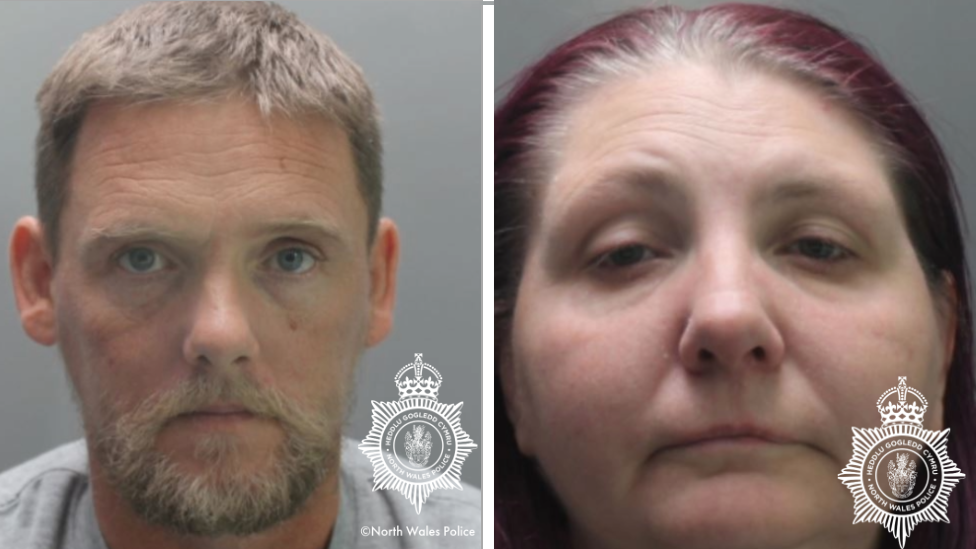 Two custody images. On the left, Michael Ives, who is 47, with light brown hair and a short light beard. He is wearing a grey sweater. On the right, Kerry Ives, 46, who has dyed purple hair, with greying roots visible. Both are staring straight into the camera with no expression
