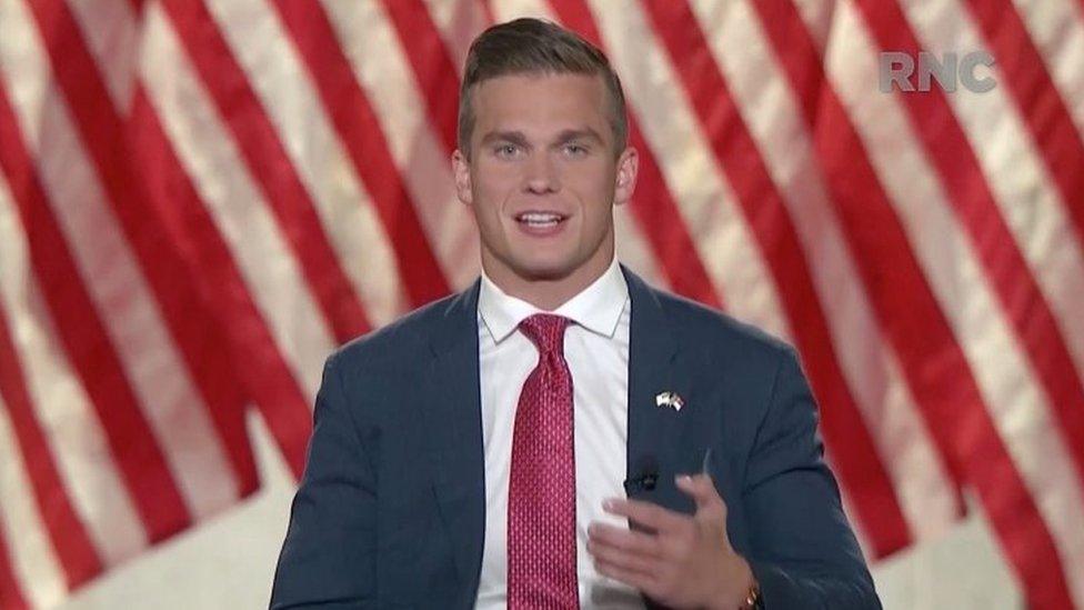 Madison Cawthorn, Republican nominee for North Carolina"s 11th Congressional District, speaks during the largely virtual 2020 Republican National Convention