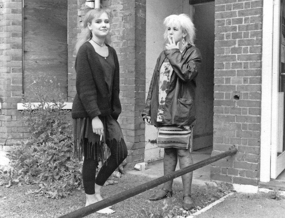 Nicki Twohig and Heidi Smith, 1988, Outside the so-called secret squat, Marlborough Road