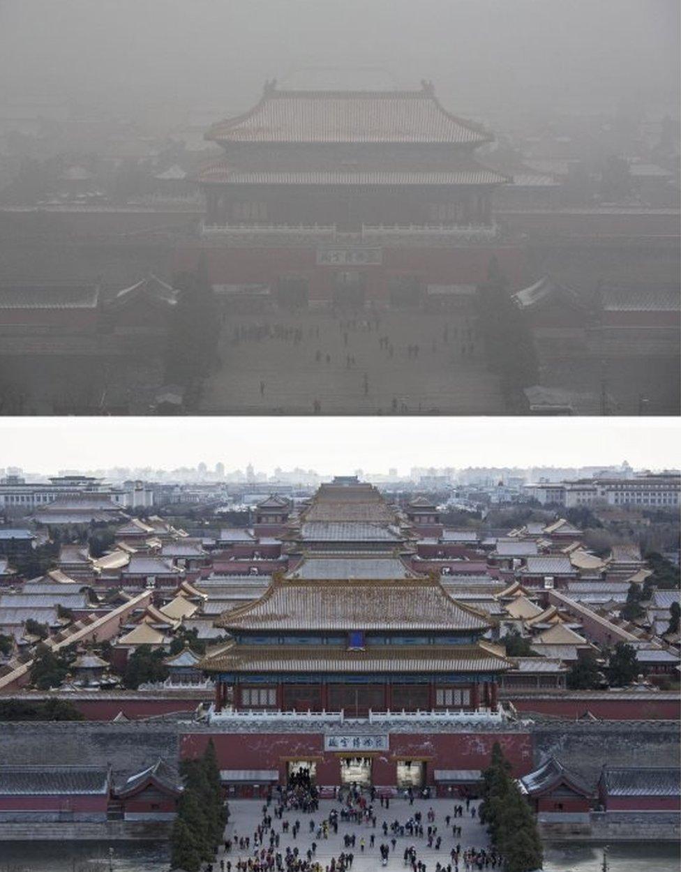 In this composite of two separate images, the Forbidden City is seen in heavy pollution, top, on December 1 and 24 hours later under a clear sky on December 2, 2015 in Beijing, China.