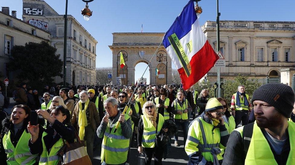 Protestors attend a nationwide general strike in Montpellier, France, 05 February 2019.