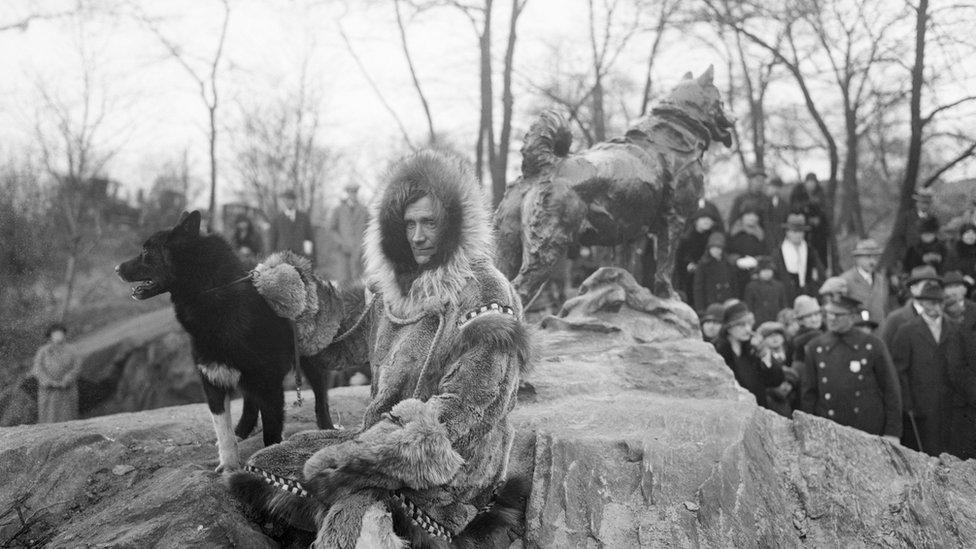 This photograph from 1925 shows Gunnar Kaasen and Balto at the unveiling of the Balto statue