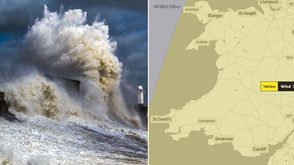 Two images showing map of Wales and wave crashing into sea defences in Porthcawl