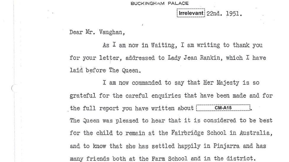 Letter from the Queen's Lady in Waiting responding to Fairbridge