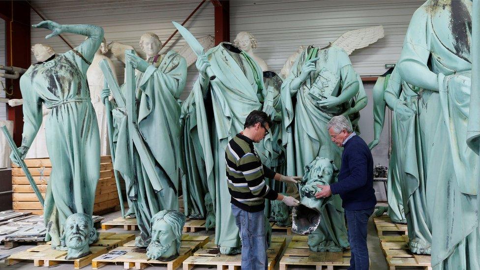 Statues of Notre Dame in a workshop, April 2019