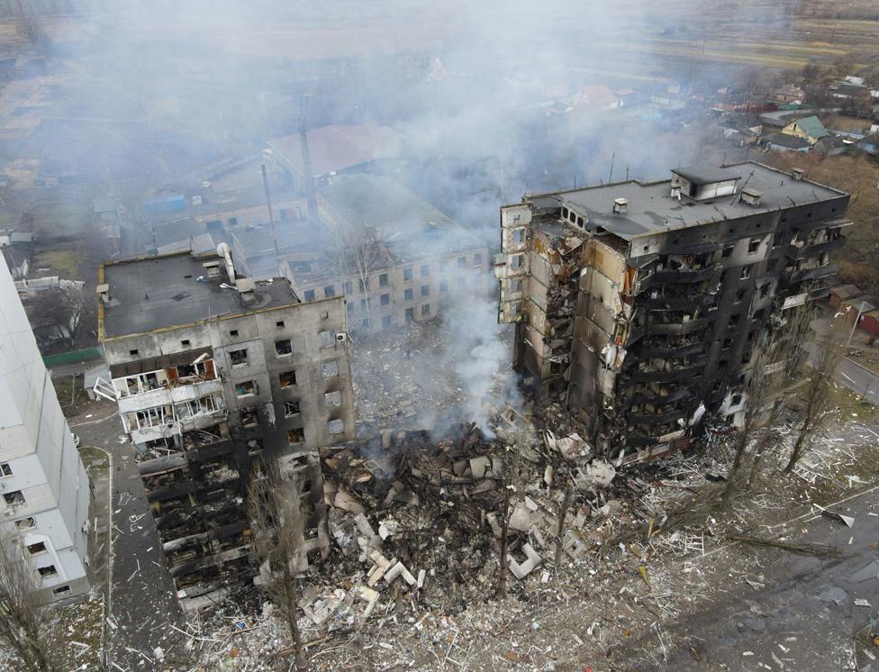 An aerial view shows a residential building destroyed by shelling in the settlement of Borodyanka in the Kyiv region, Ukraine, on 3 March 2022