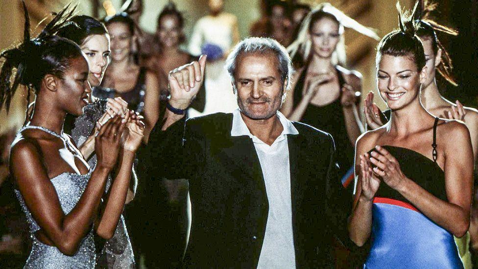 Naomi Campbell, Stella Tennant, fashion designer Gianni Versace and Linda Evangelista walk the runway during the Atelier Versace Haute Couture Fall/Winter 1996-1997 fashion show as part of the Paris Haute Couture Fashion Week