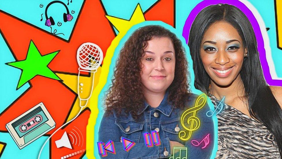 Dani Harmer and Keisha White in front of a Tracy Beaker themed background.