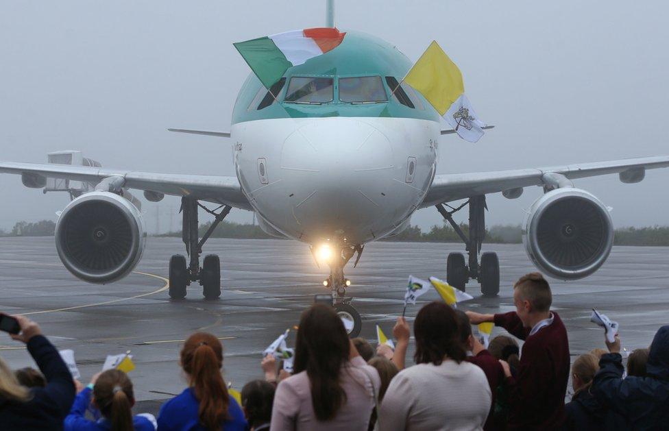 A plane carrying Pope Francis arrives at Knock Airport