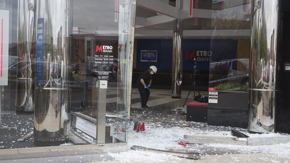 Aftermath of dumper truck in Metro Bank, Milton Keynes