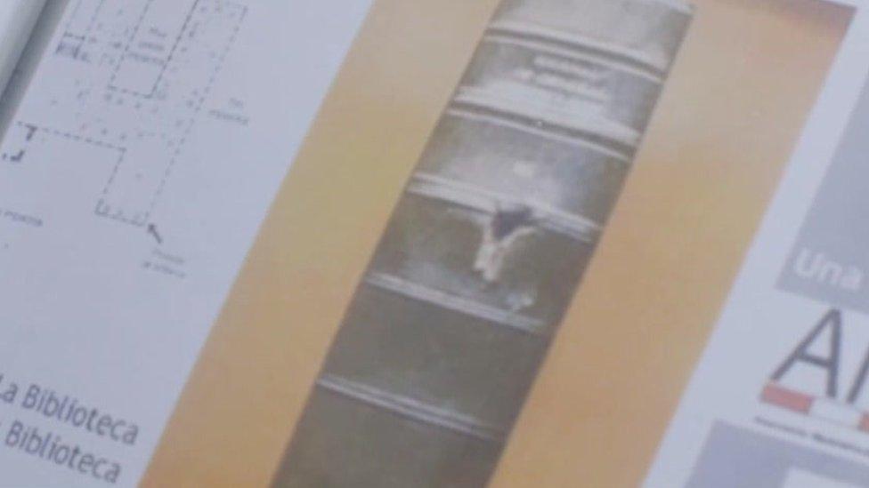 A photograph of a bullet hole in the spine of a book