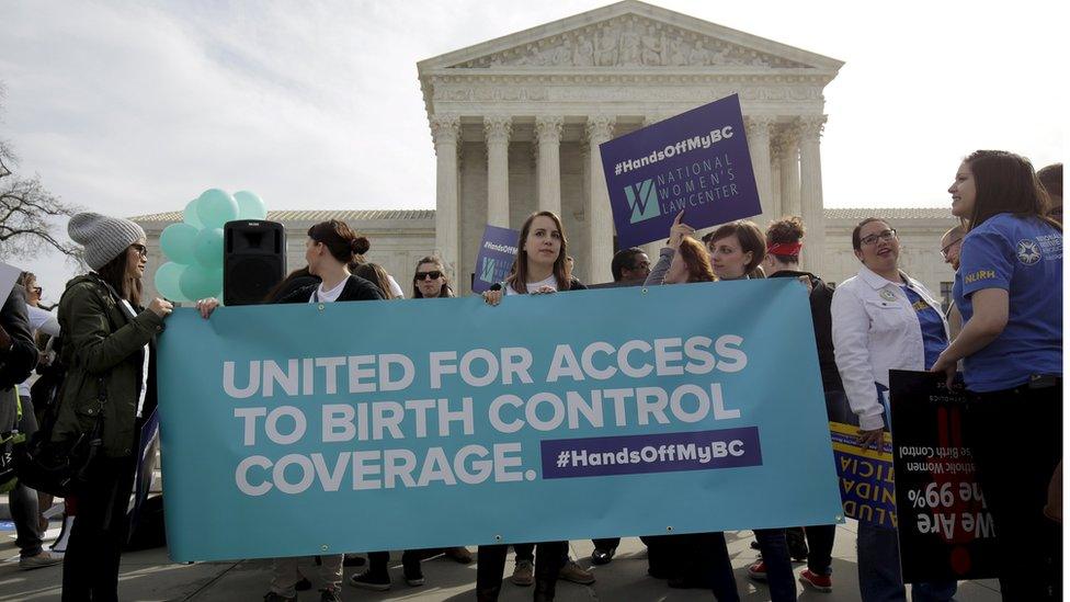 Pro contraception supporters at the Supreme Court