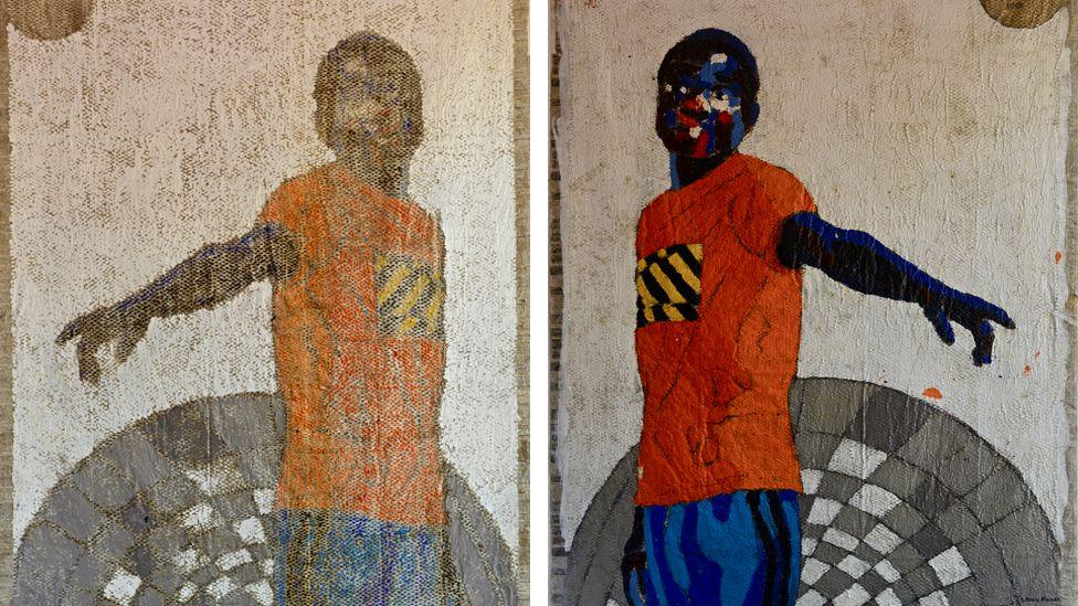 Title: Ichilogoma. Medium: Acrylic on perforated newspaper. Mirrored paintings of a young man in orange T-shirt and orange T-shirt pointing. A chequered tunnel can be seen behind him.