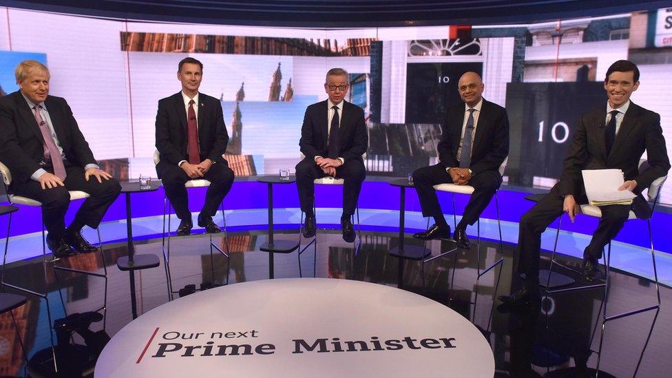 Boris Johnson, Jeremy Hunt, Michael Gove, Sajid Javid and Rory Stewart during the BBC TV debate at BBC Broadcasting House in London featuring the contestants for the leadership of the Conservative Party.