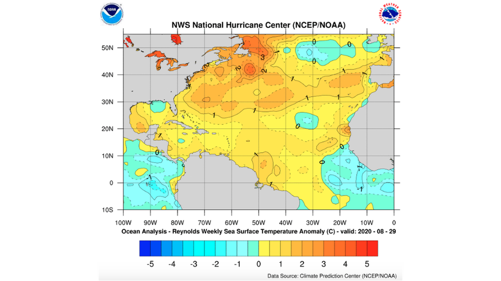 Anomaly map showing that sea surface temperature for most of the North Atlantic is higher than average