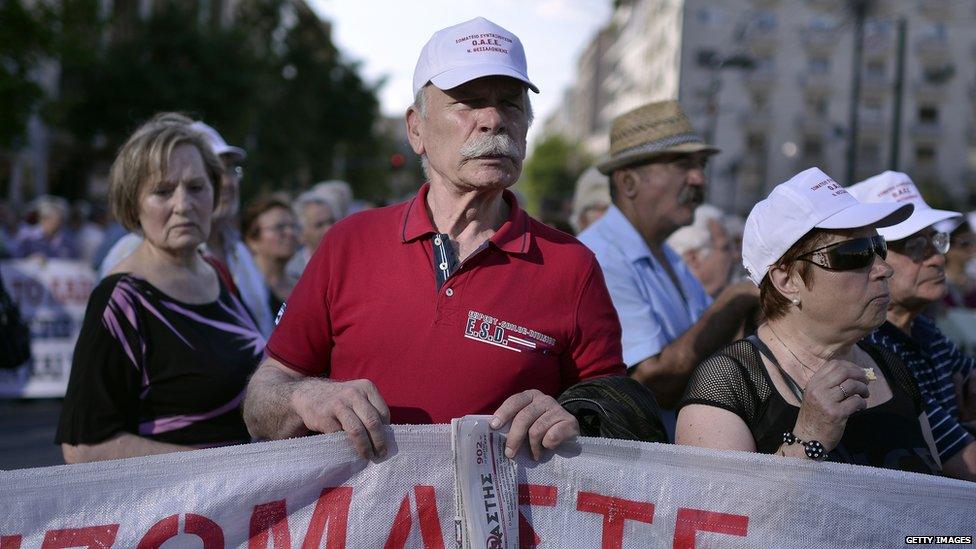 Pensioners gather in central Athens during their rally against austerity measures on June 23 , 2015