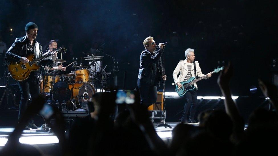 U2 on stage at AccorHotels Arena, Paris 6 December 2015