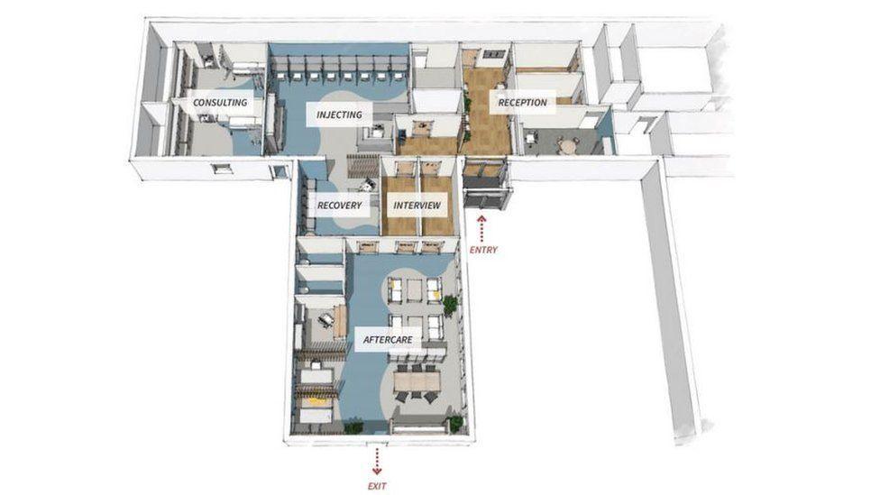 Illustration showing the overhead layout of the safe consumption room