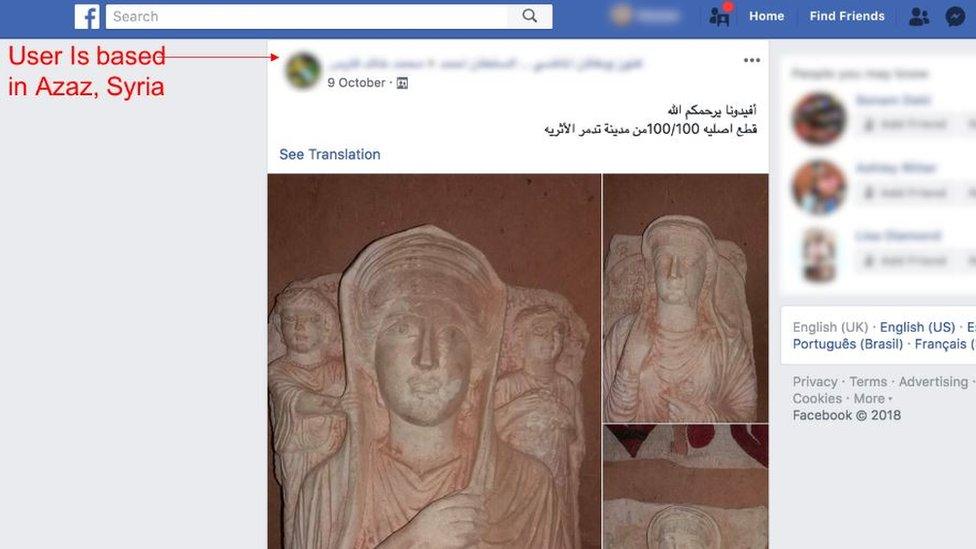 Facebook page claiming to offer statues from Palmyra, Syria