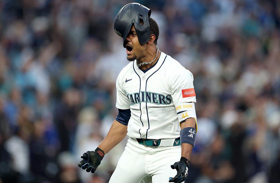 Julio Rodríguez of the Seattle Mariners celebrates his solo home run during the first inning against the Colorado Rockies in Seattle. Photo by Steph Chambers