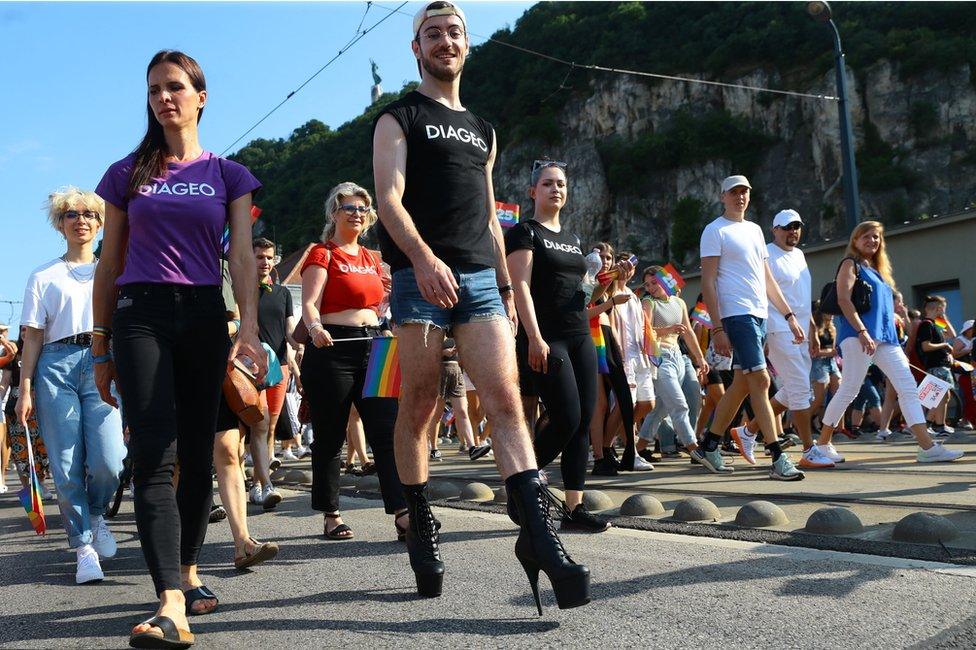 Participants in the lesbian, gay, bisexual and transgender (LGBT) Pride Parade in Budapest on July 24, 2021.