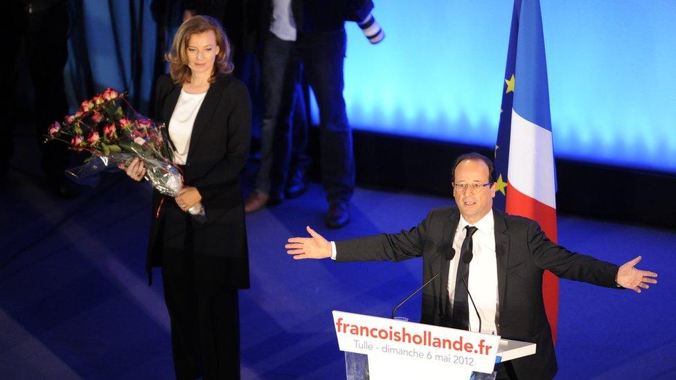 Francois Hollande celebrates presidential victory on 6 May 2012 with Valerie Trierweiler