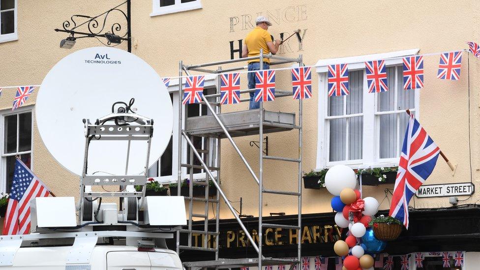 The Three Tuns pub in Windsor having its temporary name "The Prince Harry" painted on