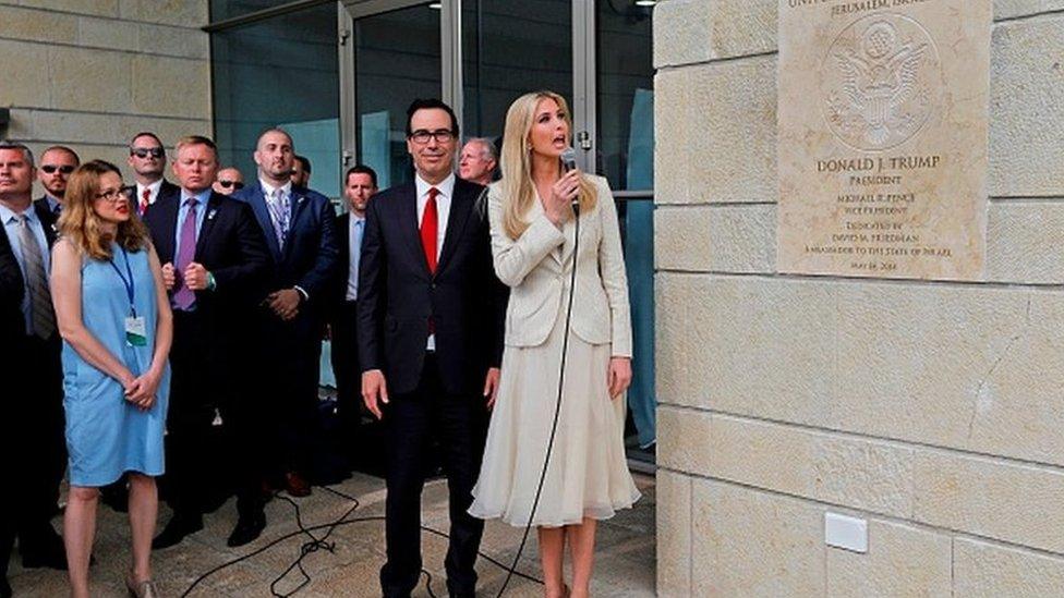 US President's daughter Ivanka Trump unveils an inauguration plaque during the opening of the US embassy in Jerusalem on May 14, 2018.