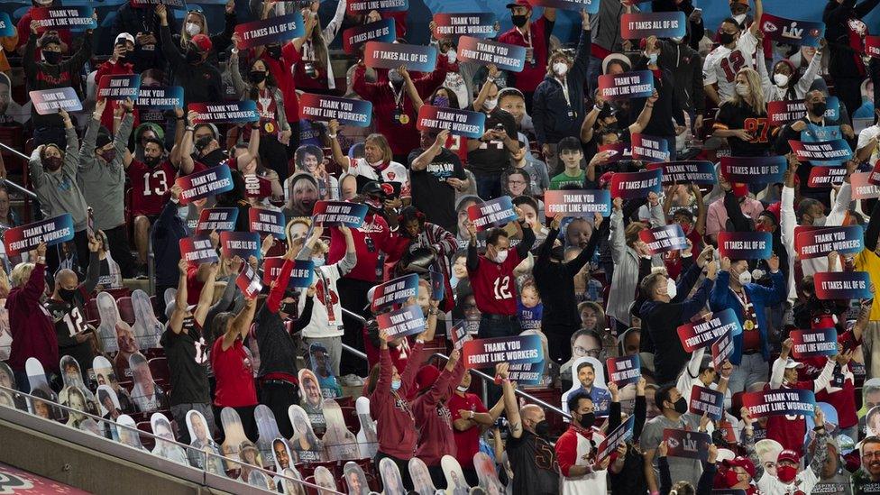 Fans and fan cardboard cut-outs are seen during the Pepsi Super Bowl LV between the Tampa Bay Buccaneers and the Kansas City Chiefs