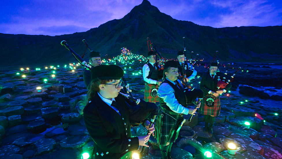 Musicians at the Giant's Causeway