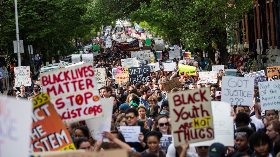 Students from Baltimore colleges and high schools march in protest chanting 'Justice for Freddie Gray' on April 29, 2015 in Baltimore, Maryland.