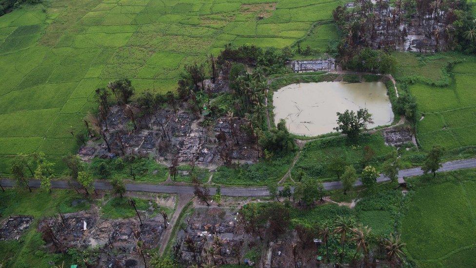 This aerial picture taken on 27 September 2017 shows burnt villages near Maungdaw in Myanmar's northern Rakhine state.