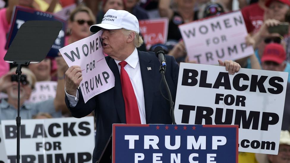 Donald Trump kisses a "Women for Trump" placard during a rally at the Lakeland Linder Regional Airport in Lakeland, Florida - 12 October 2016