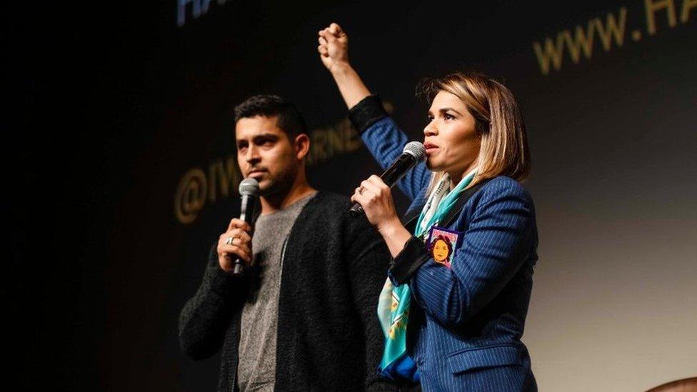 Ferrera on stage at an event of her project Harness