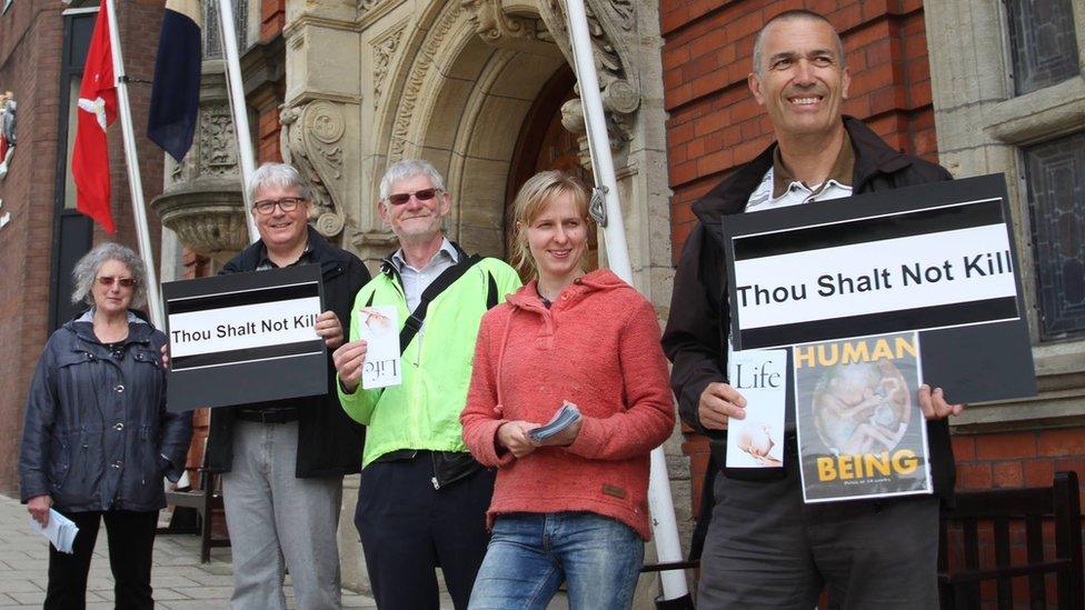 Anti-abortion campaigner outside Tynwald, Isle of Man