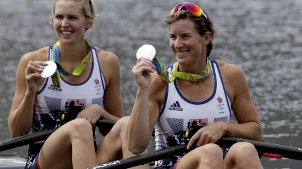 Katherine Grainger and double sculls partner Vicky Thornley celebrate their silver medal