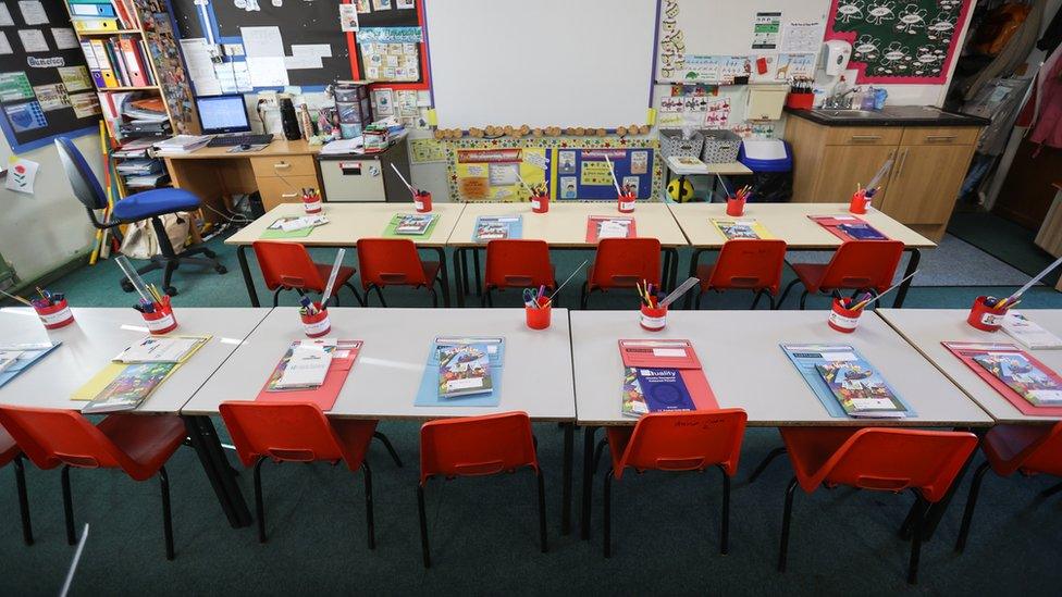 A view shows desks in a classroom prepared by Westlands Primary School's staff for the new school year, as pupils return to school tomorrow