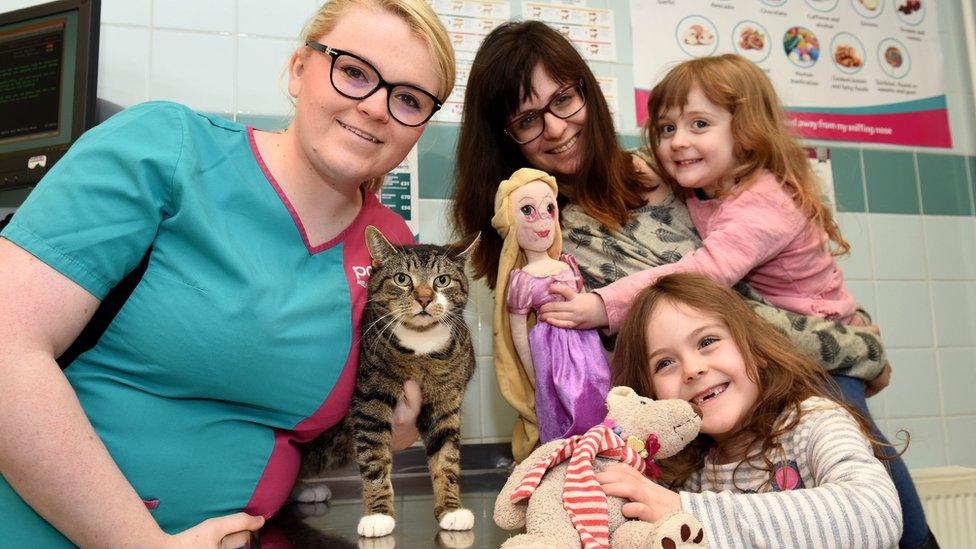 Vet Rebecca Thorne with Roman and Kaitlin aged 3, Carys aged 5 and mother Rachel Thompson