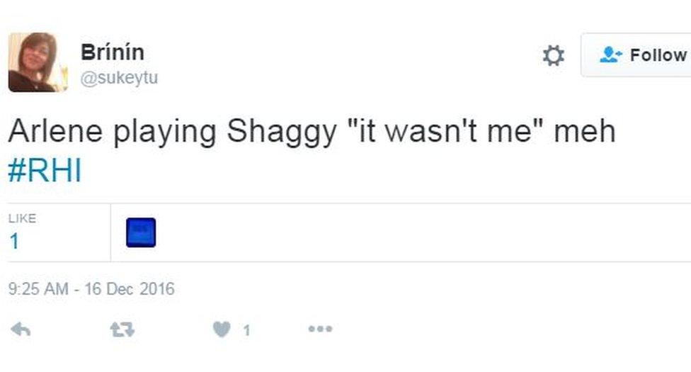 Tweet from Brinin: Arlene playing Shaggy "it wasn't me" meh #RHI